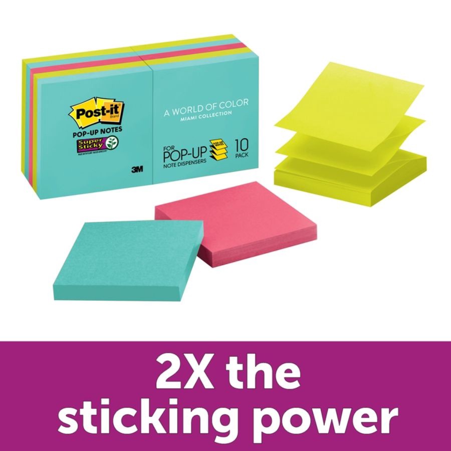 slide 3 of 7, Post-it Super Sticky Pop-up Notes 3 in x 3 in, Miami collection, 10 Pads/Pack, 90 Sheets/Pad, 10 ct