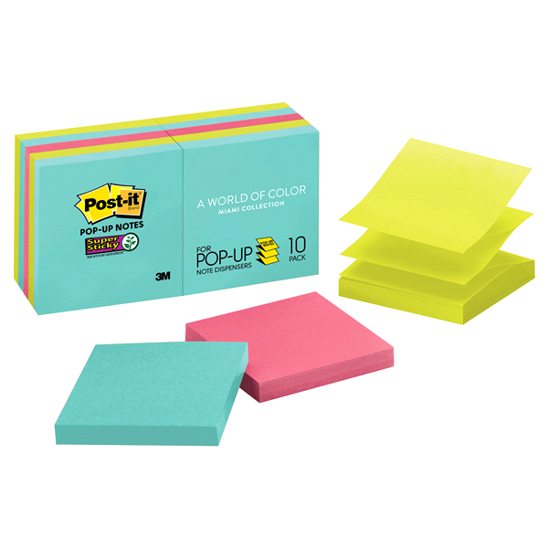 slide 1 of 7, Post-it Super Sticky Pop-up Notes 3 in x 3 in, Miami collection, 10 Pads/Pack, 90 Sheets/Pad, 10 ct