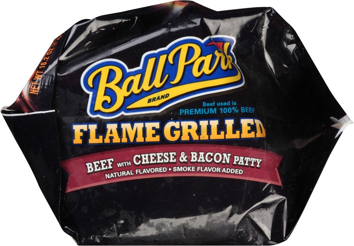 slide 2 of 7, Ball Park FC Flame Grilled Beef with Cheese and Bacon Patties, Smoke Flavor Added, 459.26 g