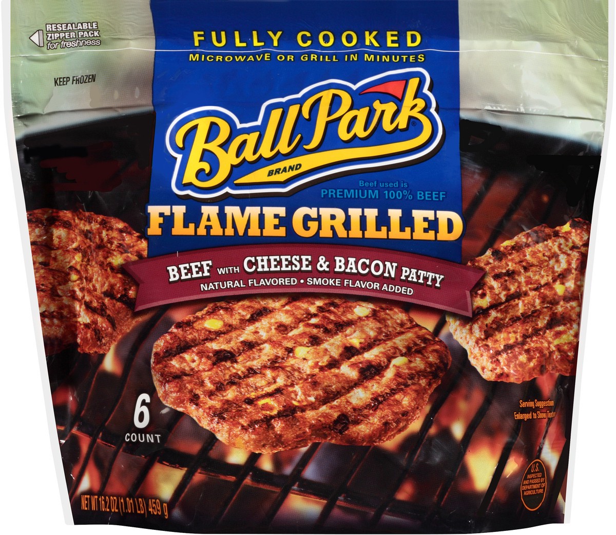 slide 4 of 7, Ball Park FC Flame Grilled Beef with Cheese and Bacon Patties, Smoke Flavor Added, 459.26 g