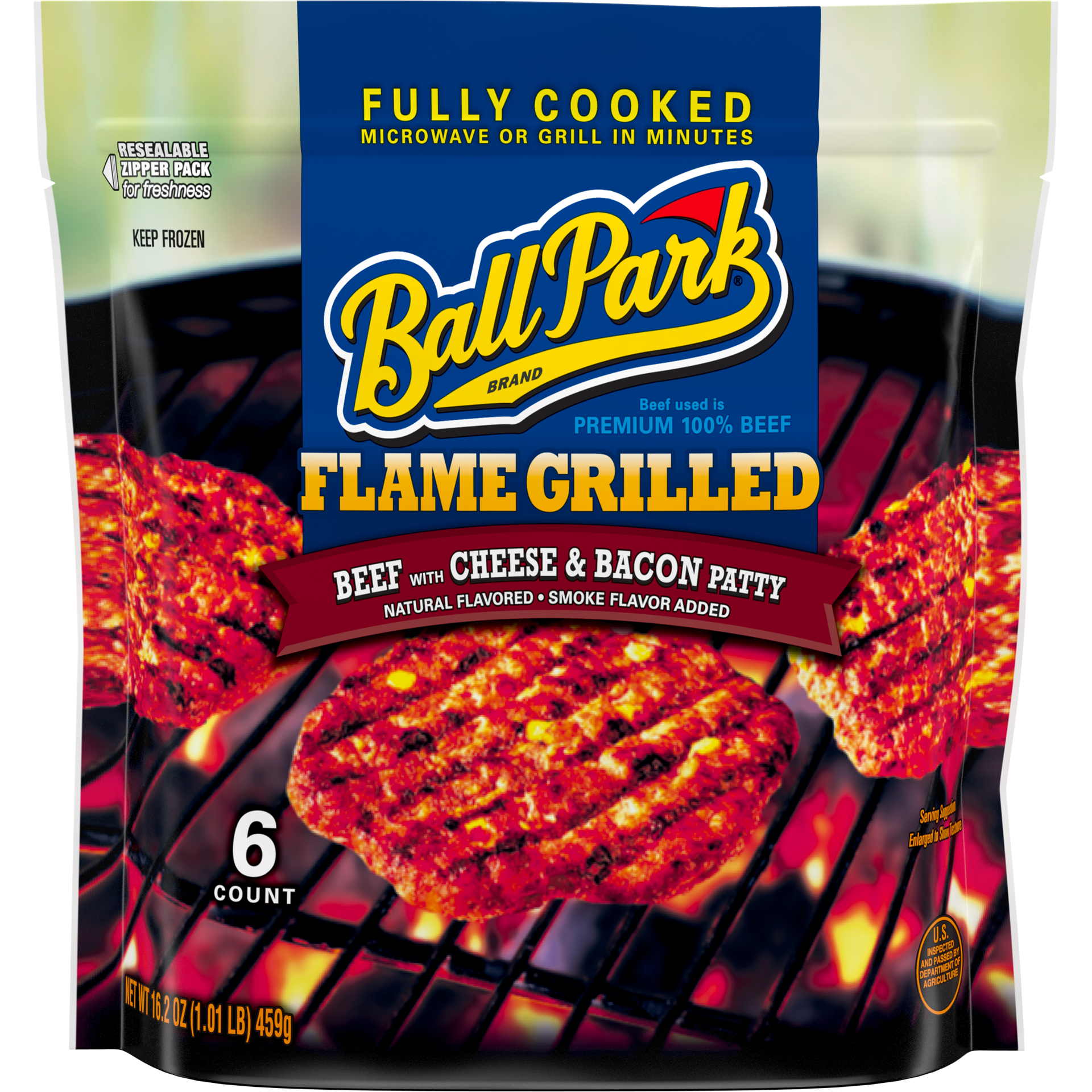 slide 1 of 7, Ball Park FC Flame Grilled Beef with Cheese and Bacon Patties, Smoke Flavor Added, 459.26 g