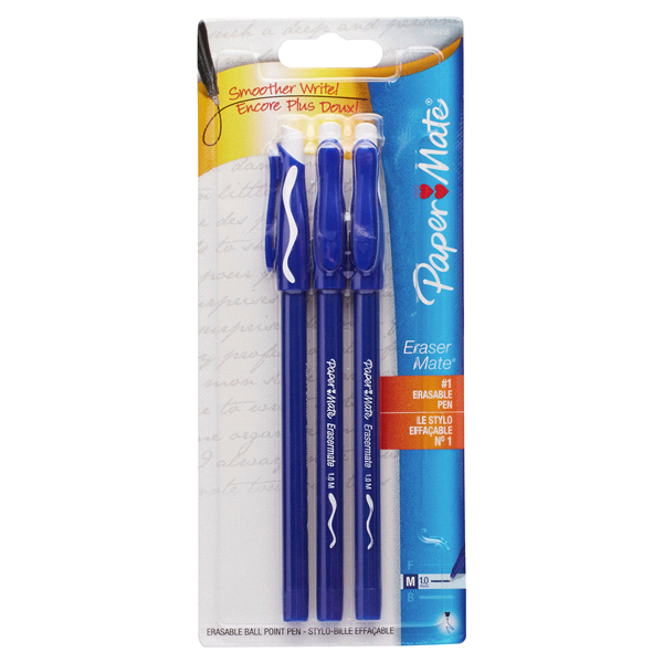 slide 1 of 8, Paper Mate Erasermate Erasable Pen Medium Point Blue, 3 ct