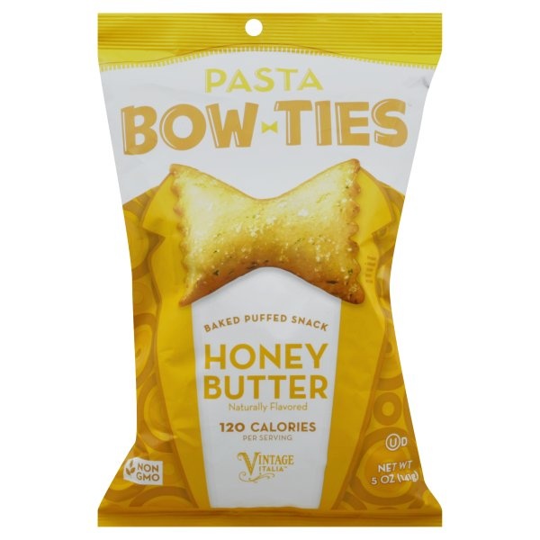 slide 1 of 5, Pasta Bow Ties Baked Puffed Snack, Honey Butter, 5 oz