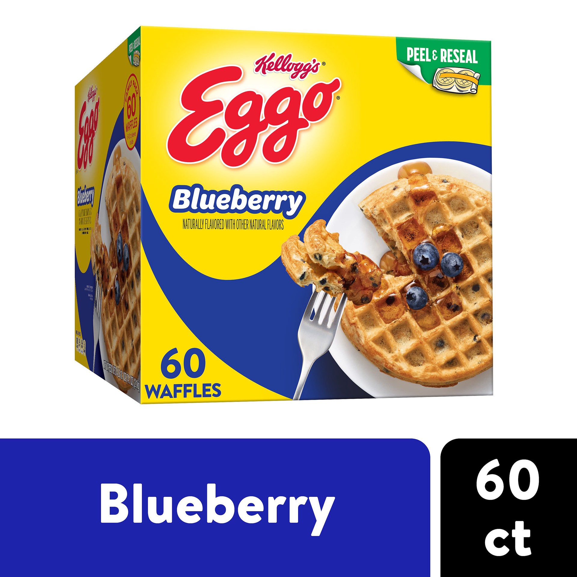 slide 1 of 13, Eggo Frozen Waffles, Frozen Breakfast, Resealable, Family Pack, Blueberry, 74.1oz Box, 60 Waffles, 74.10 oz