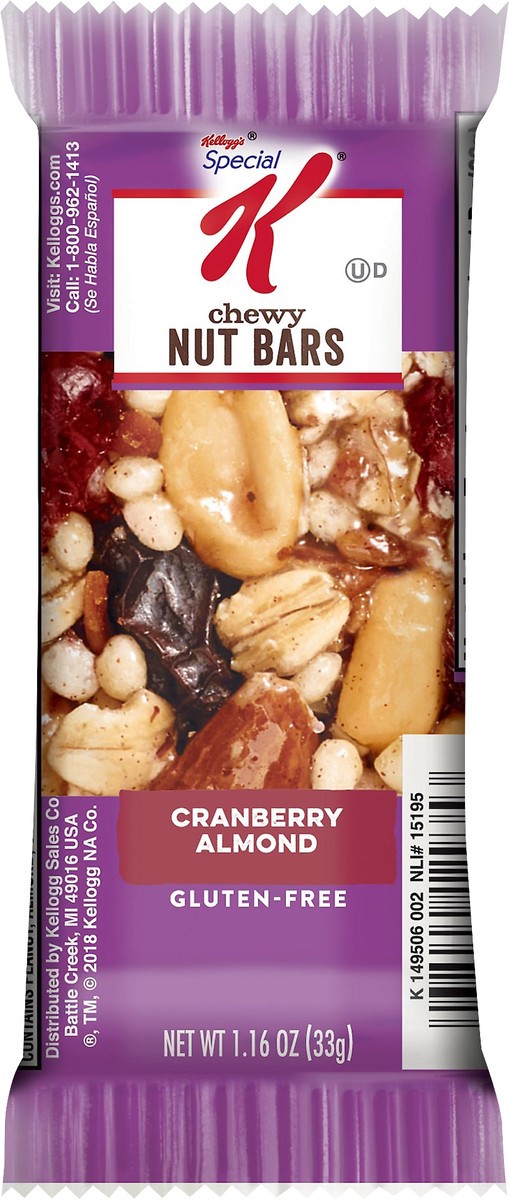 slide 6 of 7, Special K Kellogg's Special K Chewy Nut Bars, Gluten Free Snacks, 140 Calories, Cranberry Almond, 1.16oz Bar, 1 Bar, 1.16 oz