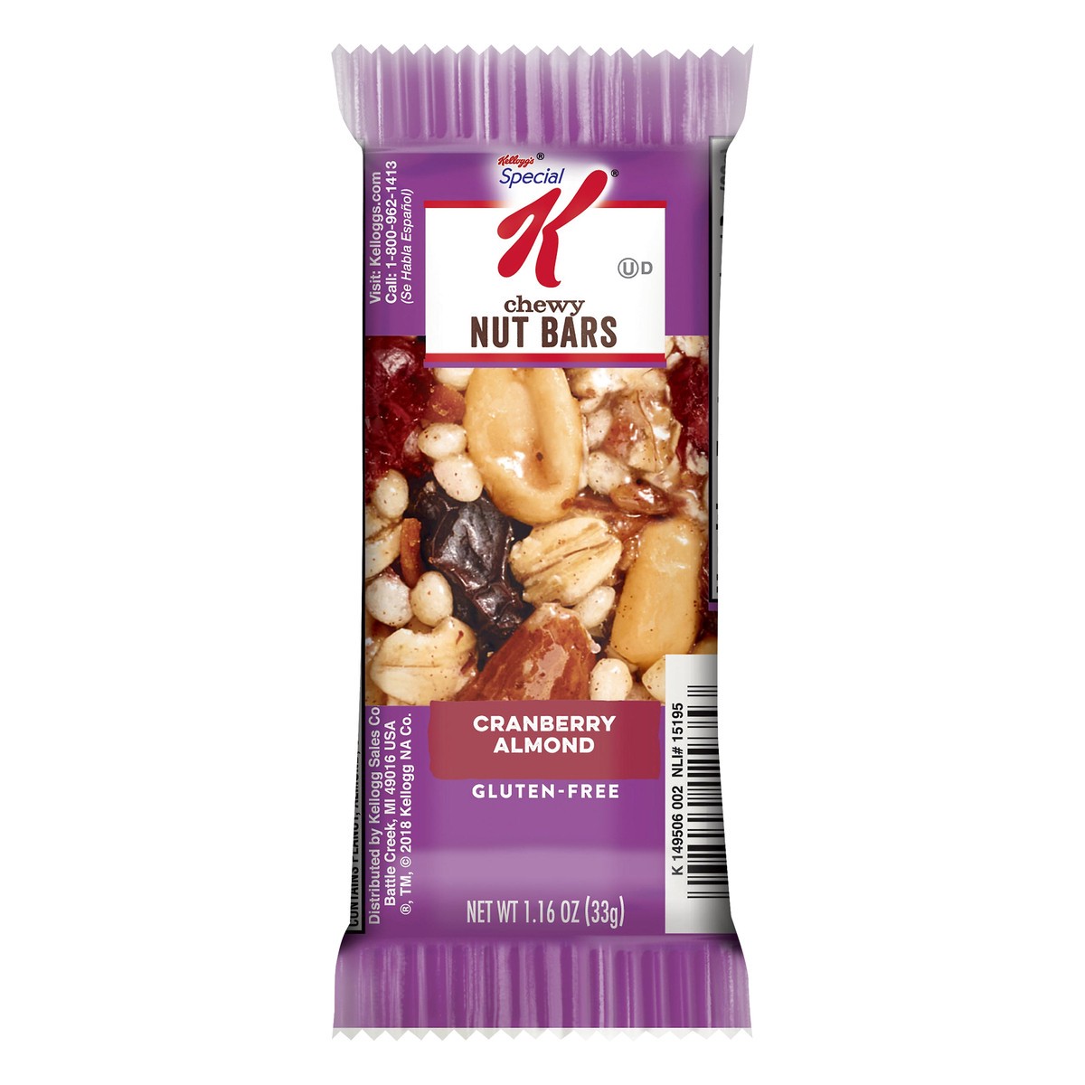 slide 4 of 7, Special K Kellogg's Special K Chewy Nut Bars, Gluten Free Snacks, 140 Calories, Cranberry Almond, 1.16oz Bar, 1 Bar, 1.16 oz