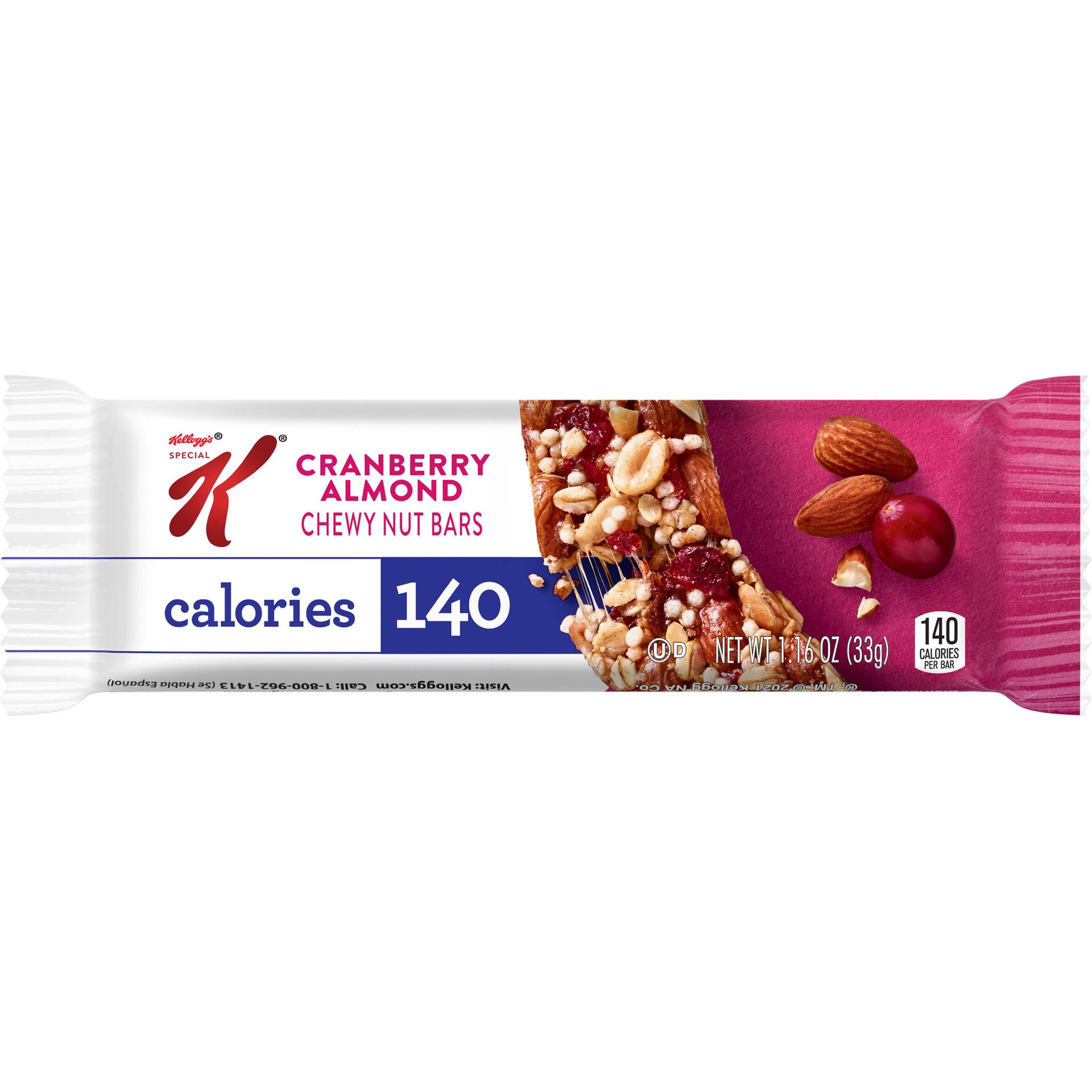 slide 1 of 7, Special K Kellogg's Special K Chewy Nut Bars, Gluten Free Snacks, 140 Calories, Cranberry Almond, 1.16oz Bar, 1 Bar, 1.16 oz