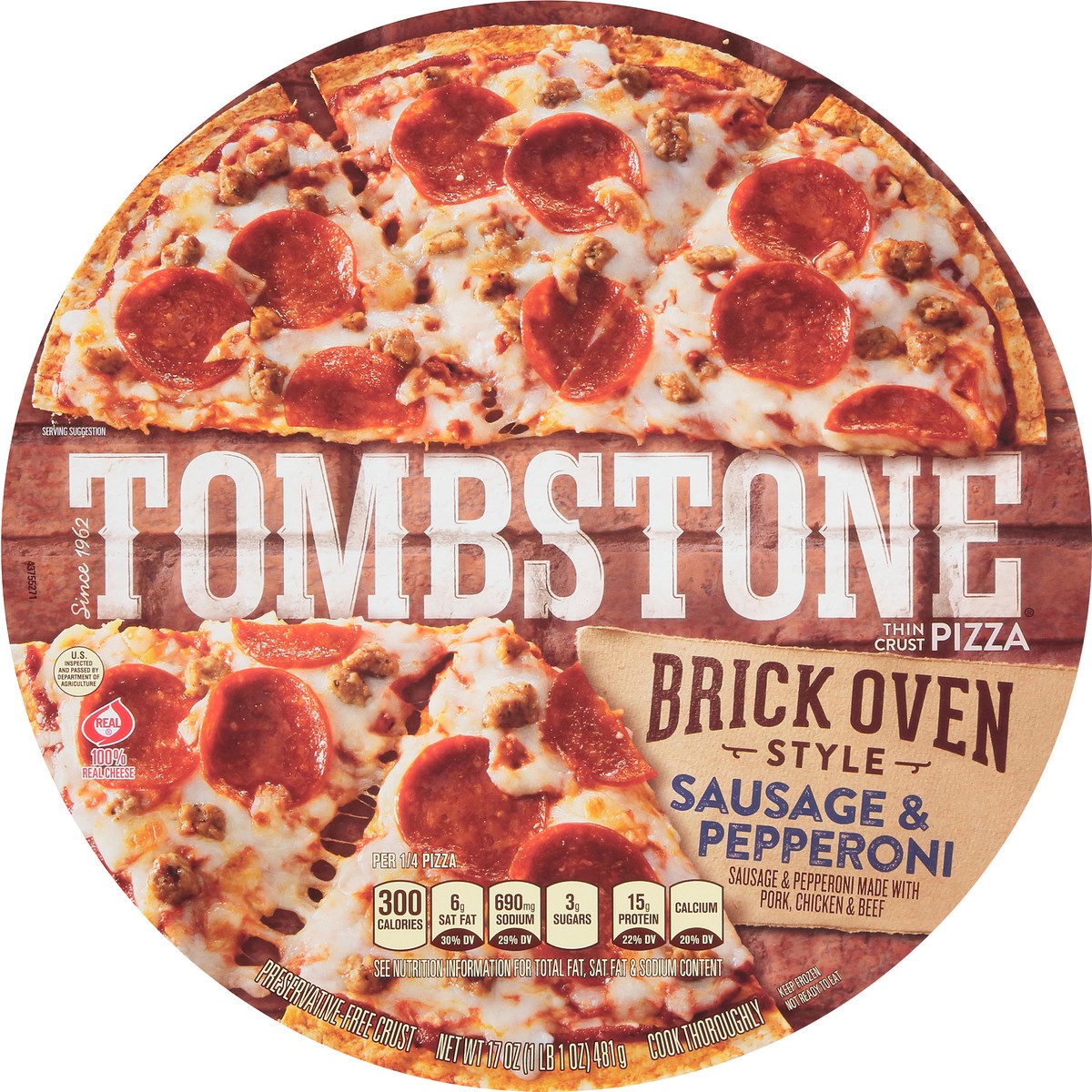 slide 4 of 8, Tombstone Brick Oven Style Thin Crust Sausage & Pepperoni Frozen Pizza, 17 oz