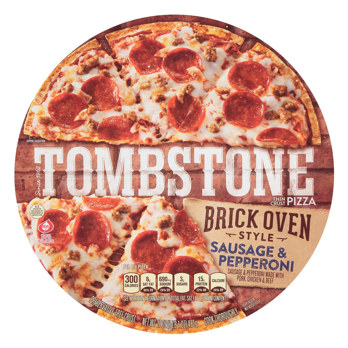 slide 1 of 8, Tombstone Brick Oven Style Thin Crust Sausage & Pepperoni Frozen Pizza, 17 oz