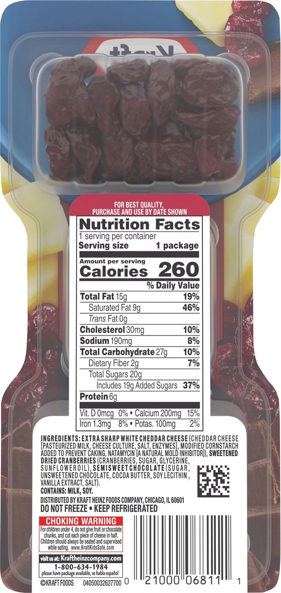 slide 3 of 13, Kraft Trios SnackFulls Extra Sharp White Cheddar Cheese, Dried Cranberries & Chocolate Snack Pack, 2.25 oz Tray, 2.25 oz