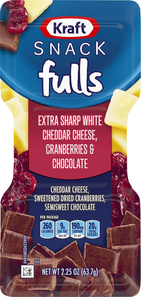 slide 8 of 13, Kraft Trios SnackFulls Extra Sharp White Cheddar Cheese, Dried Cranberries & Chocolate Snack Pack, 2.25 oz Tray, 2.25 oz