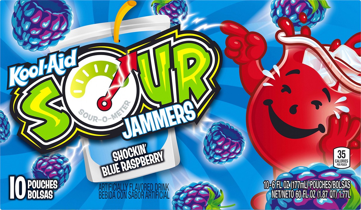 slide 9 of 10, Kool-Aid Sour Jammers Shockin' Blue Raspberry / Pouches, 10 ct; 6 fl oz