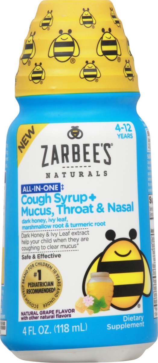 slide 1 of 9, Zarbee's Naturals All-In-One 4-12 Years Natural Grape Flavor Cough Syrup + Mucus, Throat & Nasal 4 fl oz, 4 fl oz