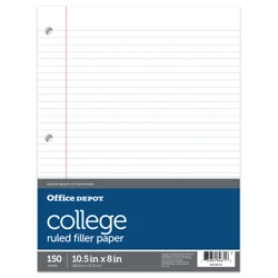 Office Depot® Brand Notebook Filler Paper, College-Ruled, 8"" x 10 1/2"", White, Pack Of 150 Sheets