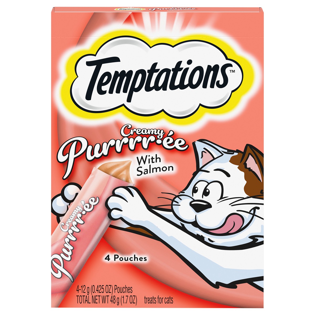 slide 1 of 4, Temptations Lickable Puree Savory Salmon Flavor Treats for Cats 4 - 0.423 oz Pouches, 4 ct