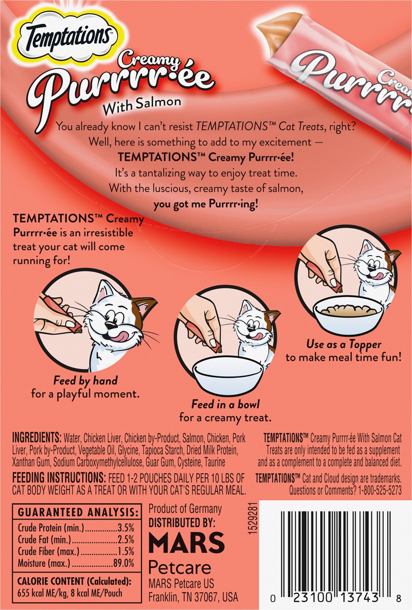 slide 4 of 4, Temptations Lickable Puree Savory Salmon Flavor Treats for Cats 4 - 0.423 oz Pouches, 4 ct