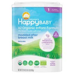 Happy Baby Organics Stage 1 A2 Organic Infant Formula with Probiotic & Prebiotic Blend, 22.9 OZ Container UNIT