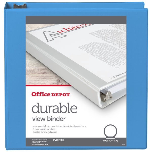 slide 3 of 5, Office Depot 3-Ring Durable View Binder, 2"" Round Rings, 49% Recycled, Sky Blue, 1 ct