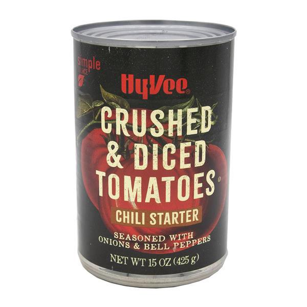 slide 1 of 1, Hy-Vee Chili Starter, Crushed & Diced Tomatoes, 15 oz