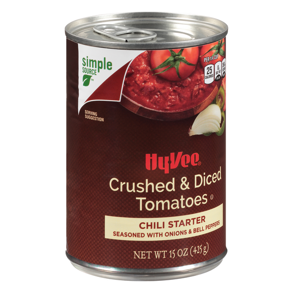 slide 1 of 1, Hy-Vee Chili Starter, Crushed & Diced Tomatoes, 15 oz