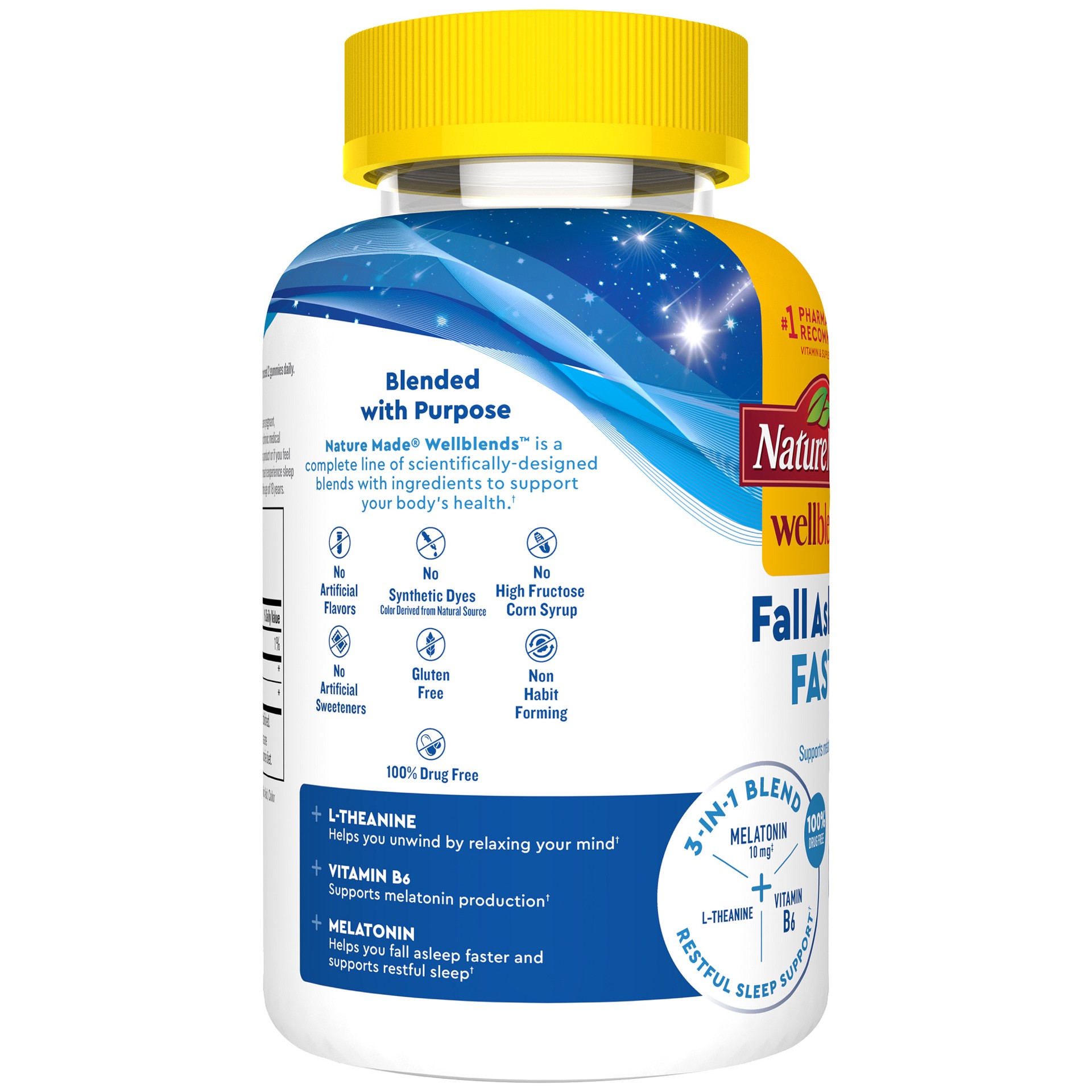slide 3 of 7, Nature Made Wellblends Fall Asleep Faster, Sleep Aid with Melatonin 10mg, Vitamin B6, and L theanine 100 mg, 40 Gummies, 40 ct