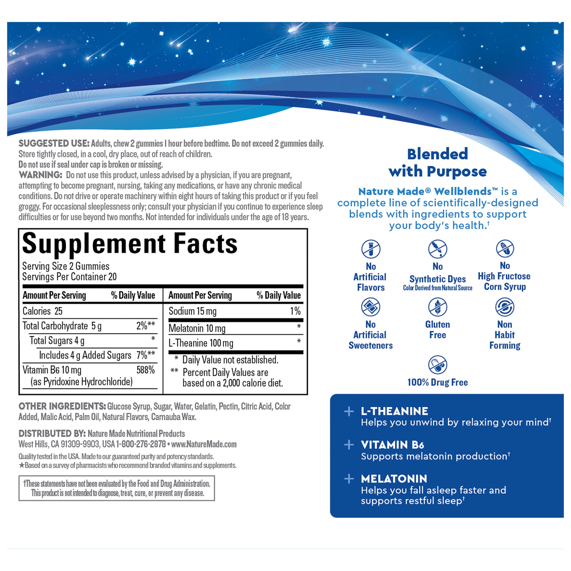 slide 4 of 7, Nature Made Wellblends Fall Asleep Faster, Sleep Aid with Melatonin 10mg, Vitamin B6, and L theanine 100 mg, 40 Gummies, 40 ct