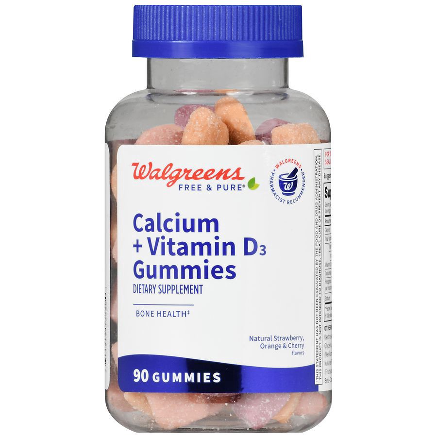 slide 5 of 5, Walgreens Calcium 500 mg + Vitamin D3 Gummies Natural Strawberry, Orange and Cherry Flavor, 90 ct