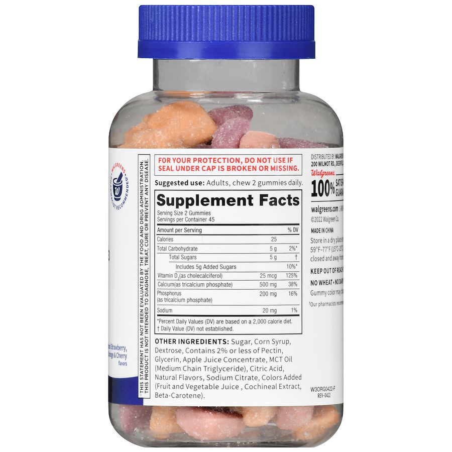 slide 3 of 5, Walgreens Calcium 500 mg + Vitamin D3 Gummies Natural Strawberry, Orange and Cherry Flavor, 90 ct