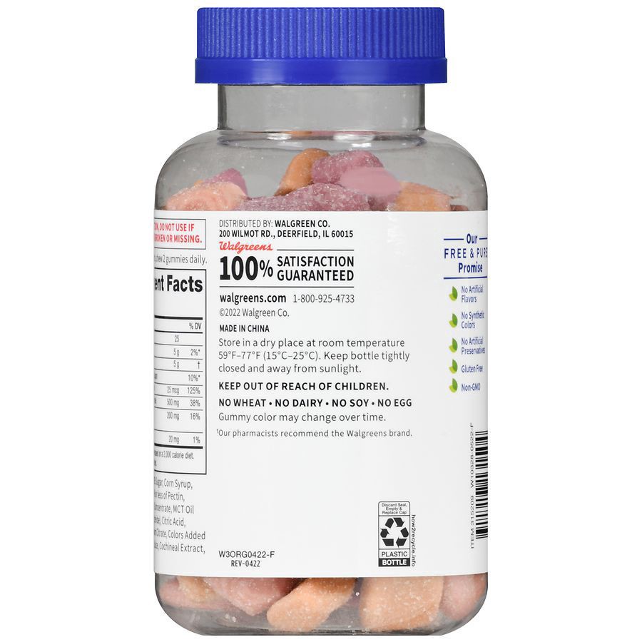 slide 4 of 5, Walgreens Calcium 500 mg + Vitamin D3 Gummies Natural Strawberry, Orange and Cherry Flavor, 90 ct