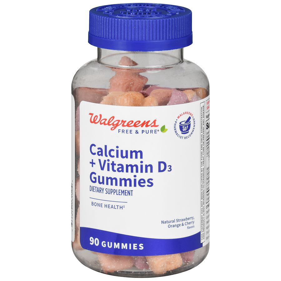 slide 1 of 5, Walgreens Calcium 500 mg + Vitamin D3 Gummies Natural Strawberry, Orange and Cherry Flavor, 90 ct