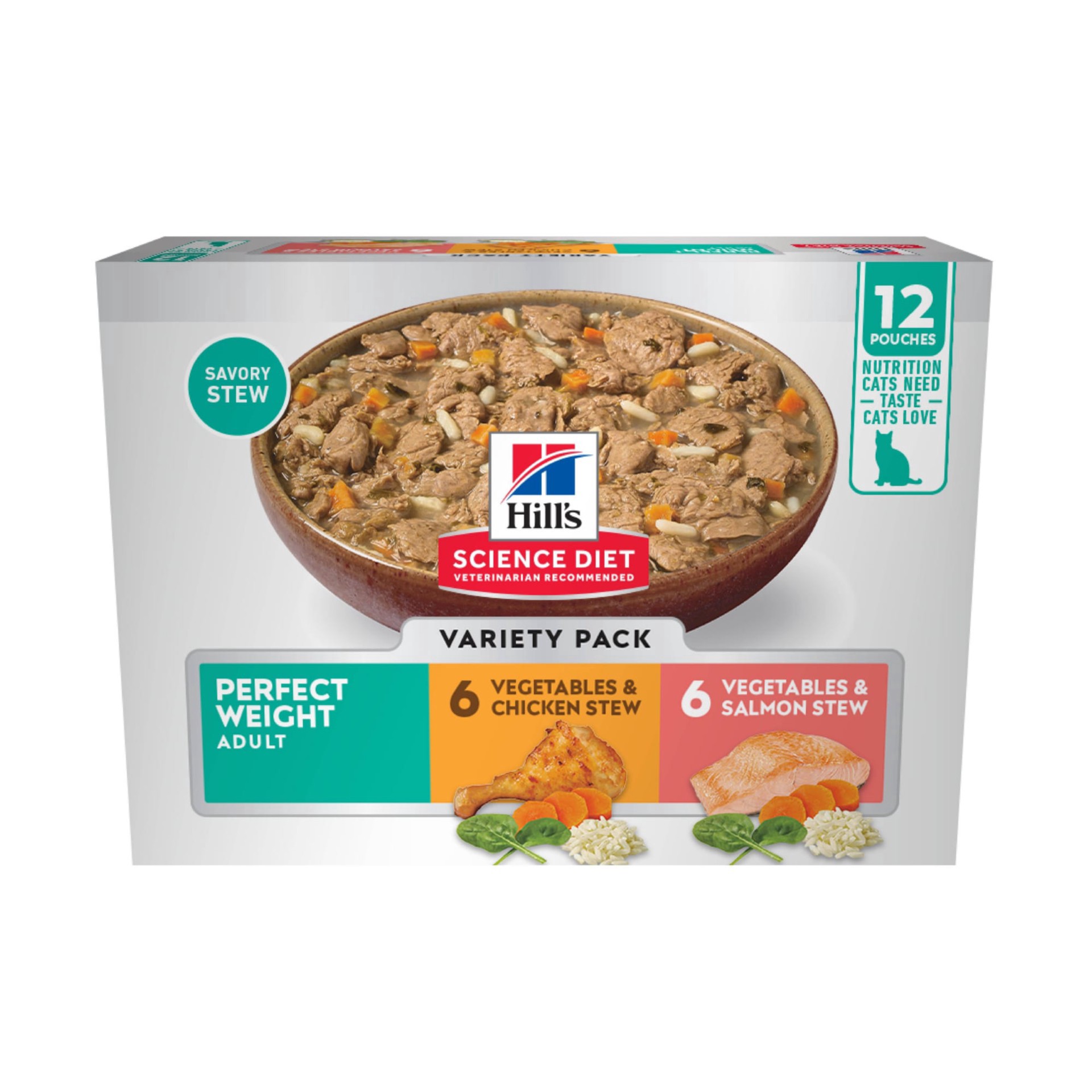 slide 1 of 1, Hill's Science Diet Perfect Weight Chicken & Salmon Stew Wet Cat Food Variety Pack, 2.8 oz, 12 Count, 2.8 oz; 12 ct