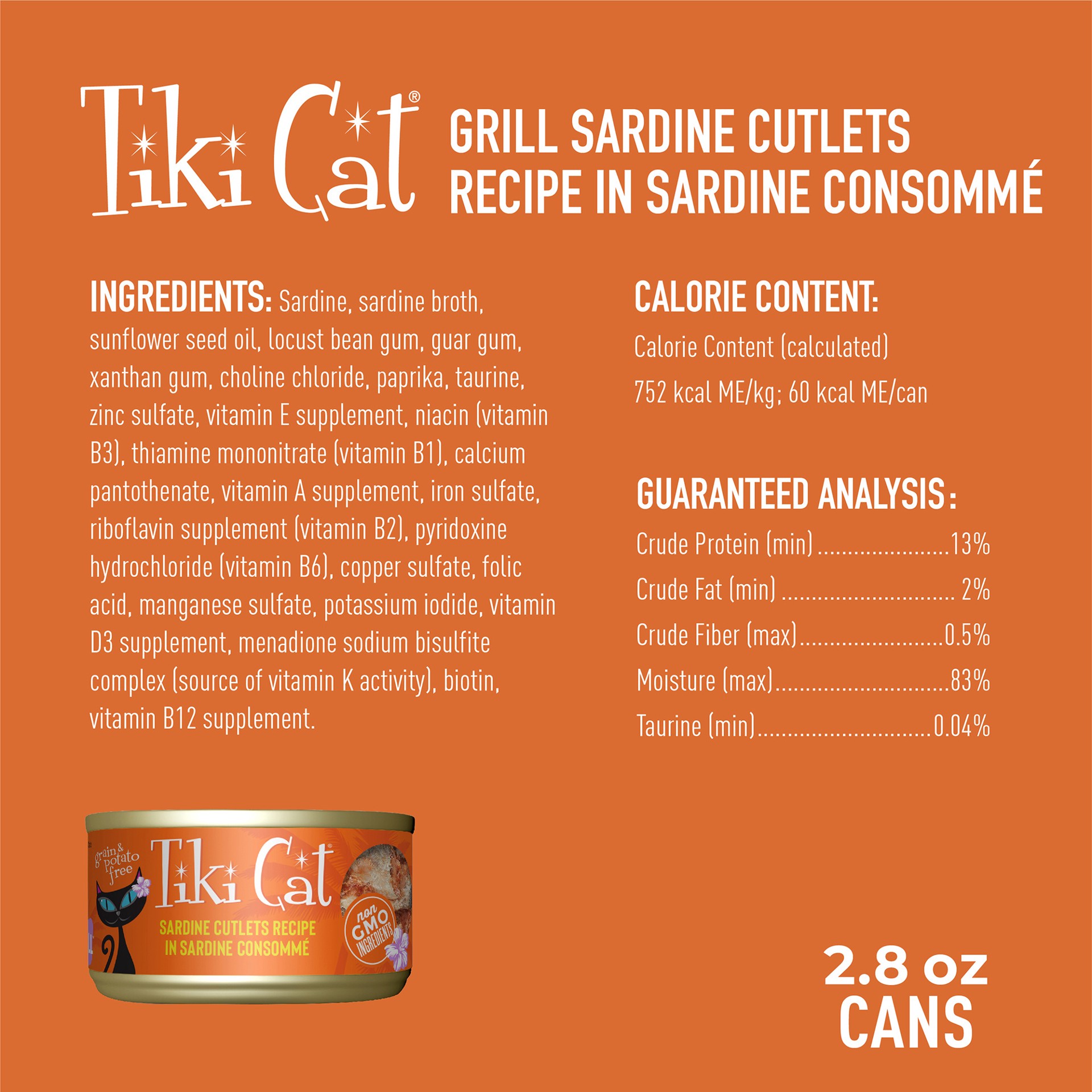 slide 7 of 8, Tiki Cat Grill Wet Cat Food, Sardine Cutlets, 2.8 oz. Can, 2.8 oz