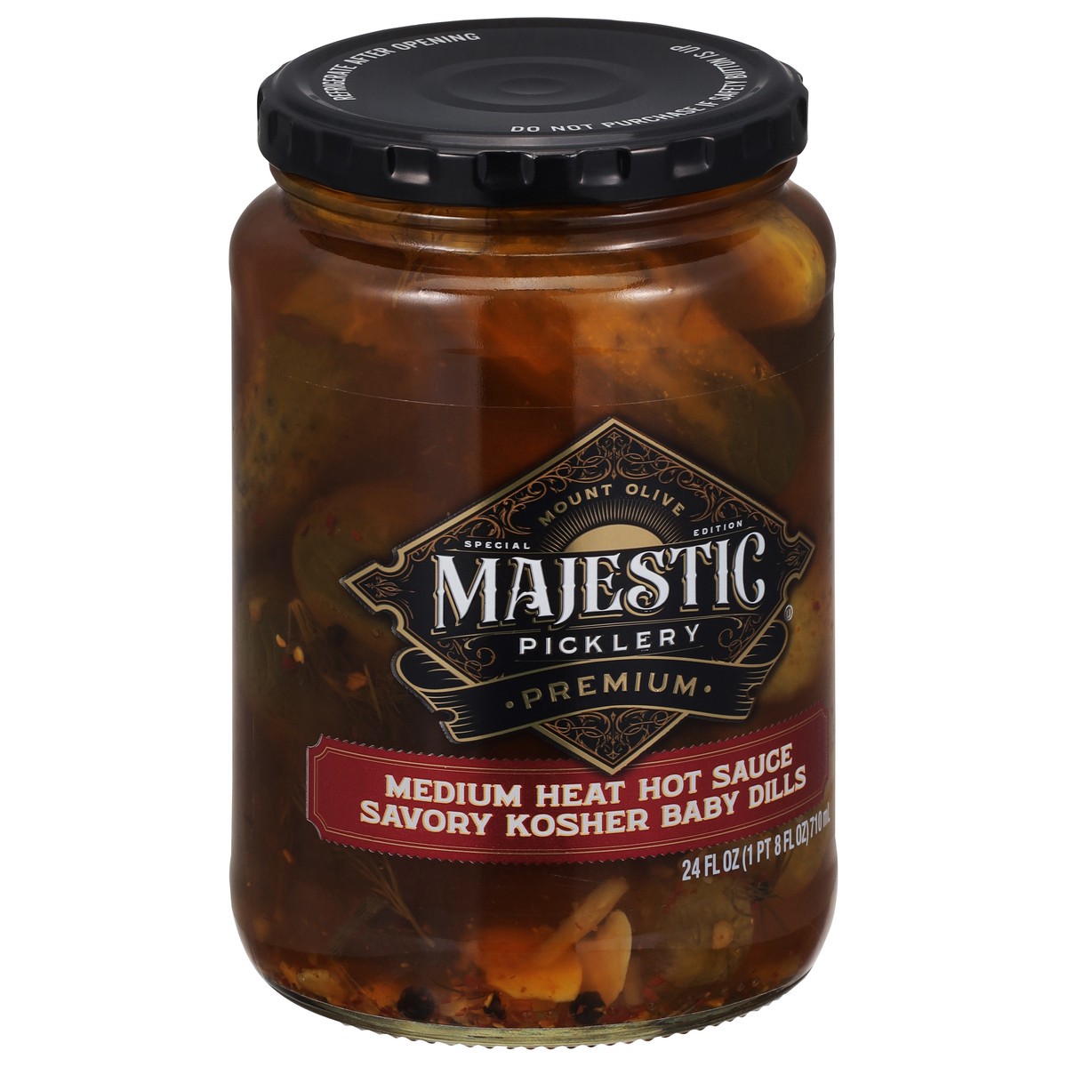 slide 4 of 9, Majestic Picklery Premium Medium Heat Hot Sauce Savory Kosher Baby Dill Pickles - 24 fl oz jar, 24 fl oz