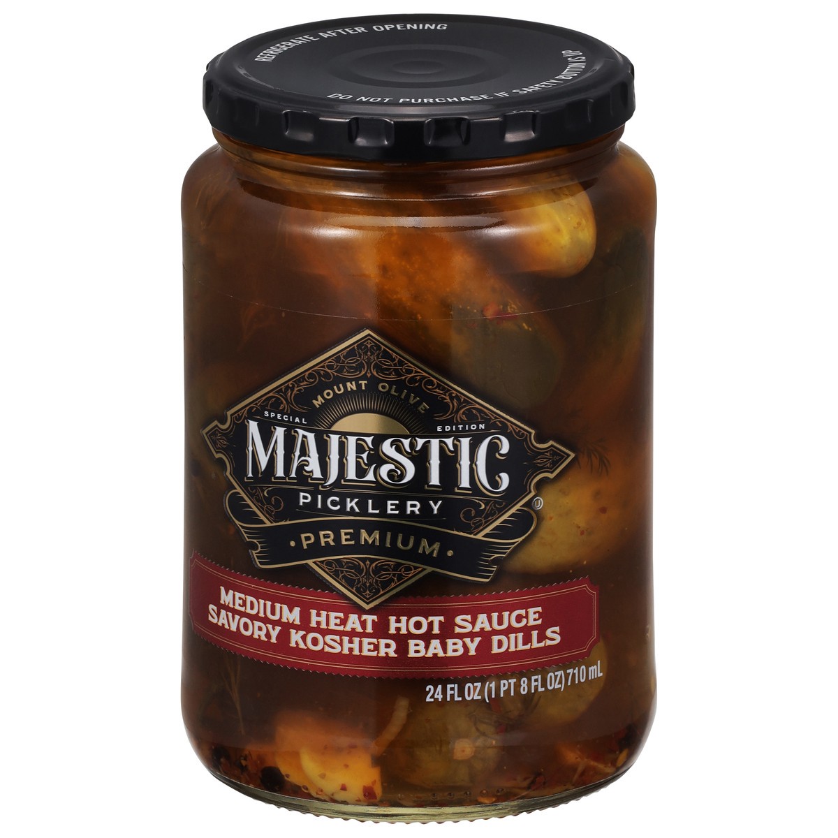 slide 3 of 9, Majestic Picklery Premium Medium Heat Hot Sauce Savory Kosher Baby Dill Pickles - 24 fl oz jar, 24 fl oz