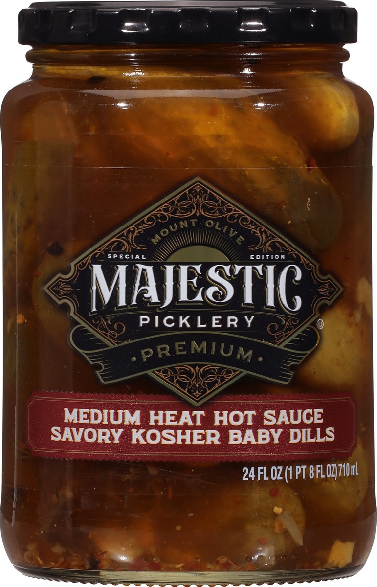slide 5 of 9, Majestic Picklery Premium Medium Heat Hot Sauce Savory Kosher Baby Dill Pickles - 24 fl oz jar, 24 fl oz