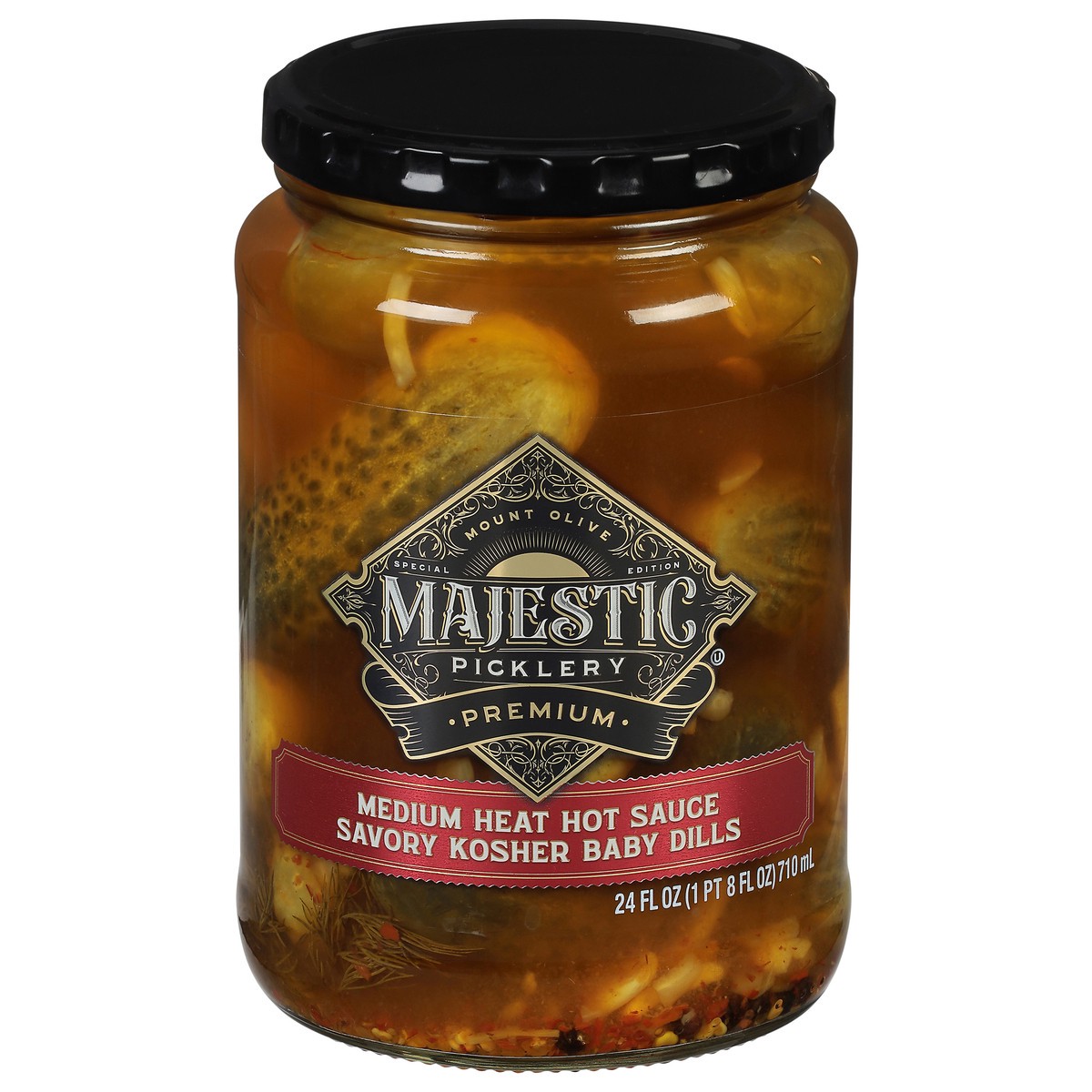 slide 1 of 9, Majestic Picklery Premium Medium Heat Hot Sauce Savory Kosher Baby Dill Pickles - 24 fl oz jar, 24 fl oz