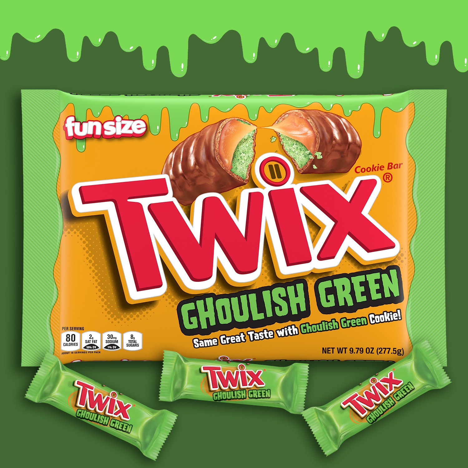 slide 2 of 8, TWIX Ghoulish Green Caramel Cookie Fun Size Halloween Chocolate Bars, 9.79 Oz Bag, 9.79 oz