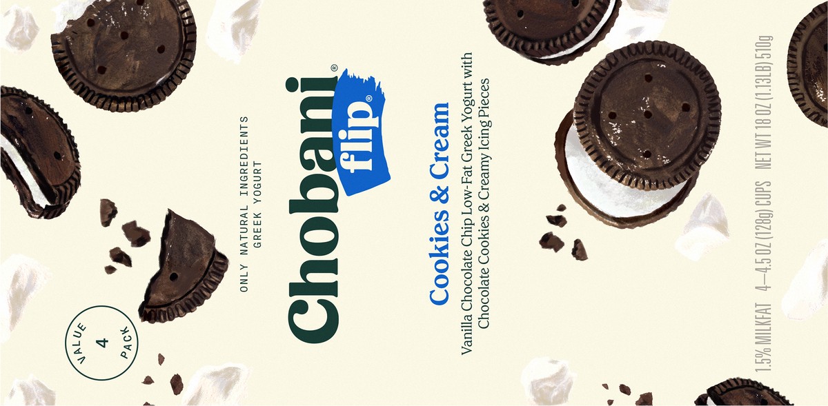 slide 4 of 9, Chobani Cookies & Cream Flip Greek Yogurt 4Pk, 4 ct; 18 oz