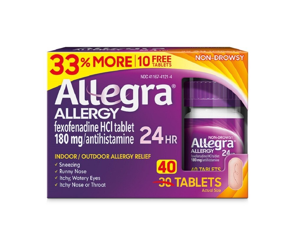 slide 2 of 4, Allegra Non-Drowsy 24-Hour Indoor & Outdoor Allergy Relief Tablets Bonus Pack, 40 ct