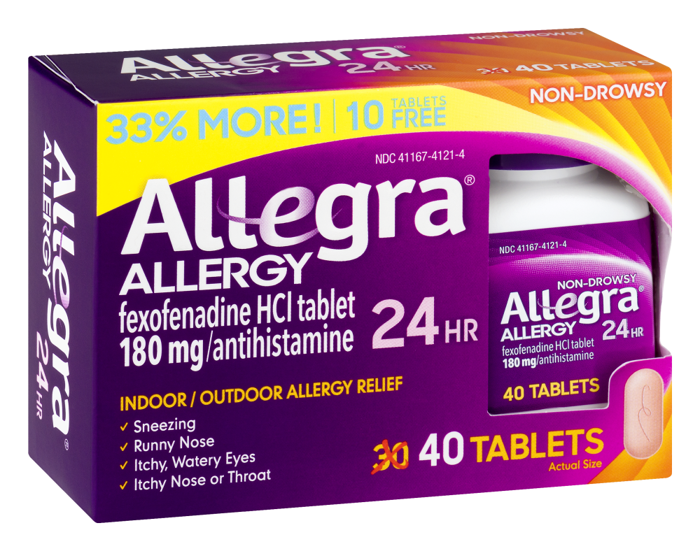 slide 4 of 4, Allegra Non-Drowsy 24-Hour Indoor & Outdoor Allergy Relief Tablets Bonus Pack, 40 ct