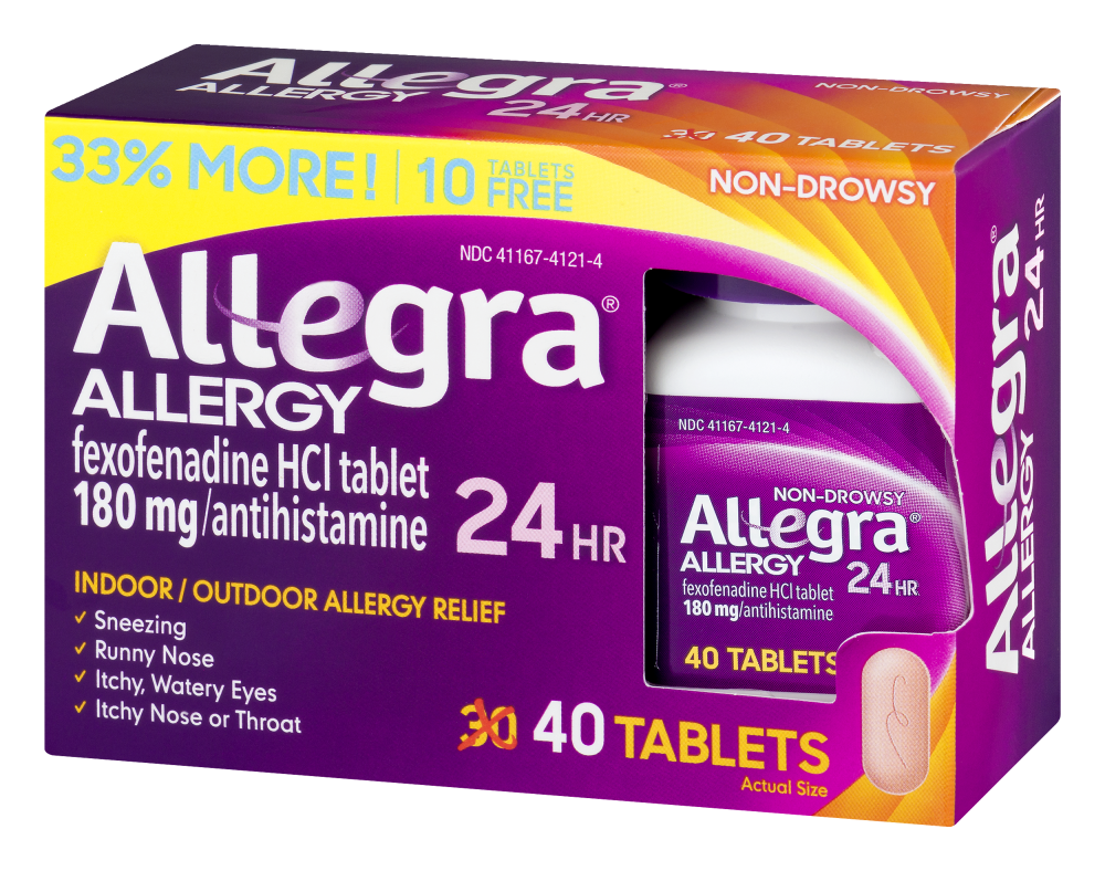 slide 1 of 4, Allegra Non-Drowsy 24-Hour Indoor & Outdoor Allergy Relief Tablets Bonus Pack, 40 ct