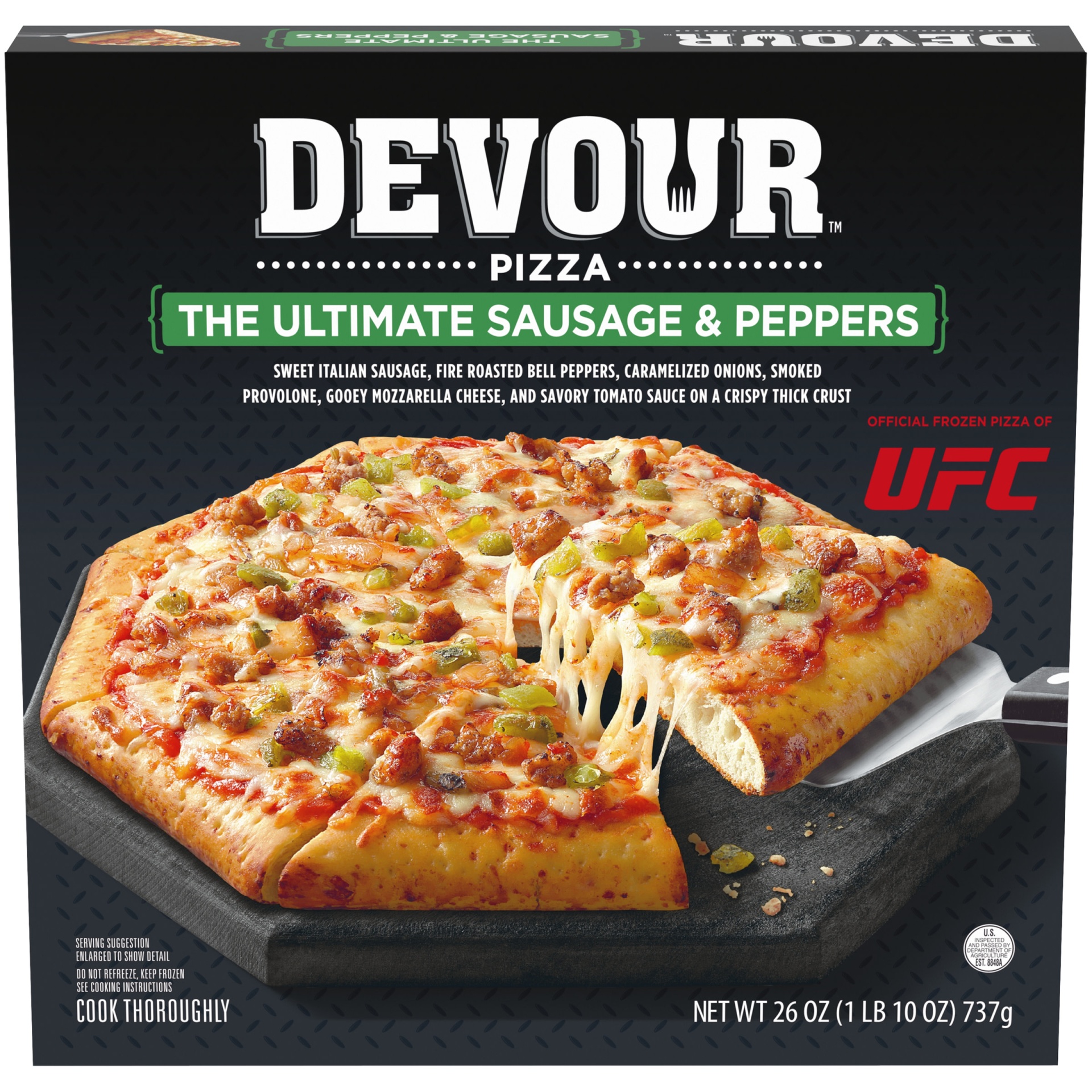 slide 1 of 1, DEVOUR The Ultimate Sausage & Peppers Frozen Pizza with Carmelized Onions, Smoked Provolone & Mozarella, 26 oz
