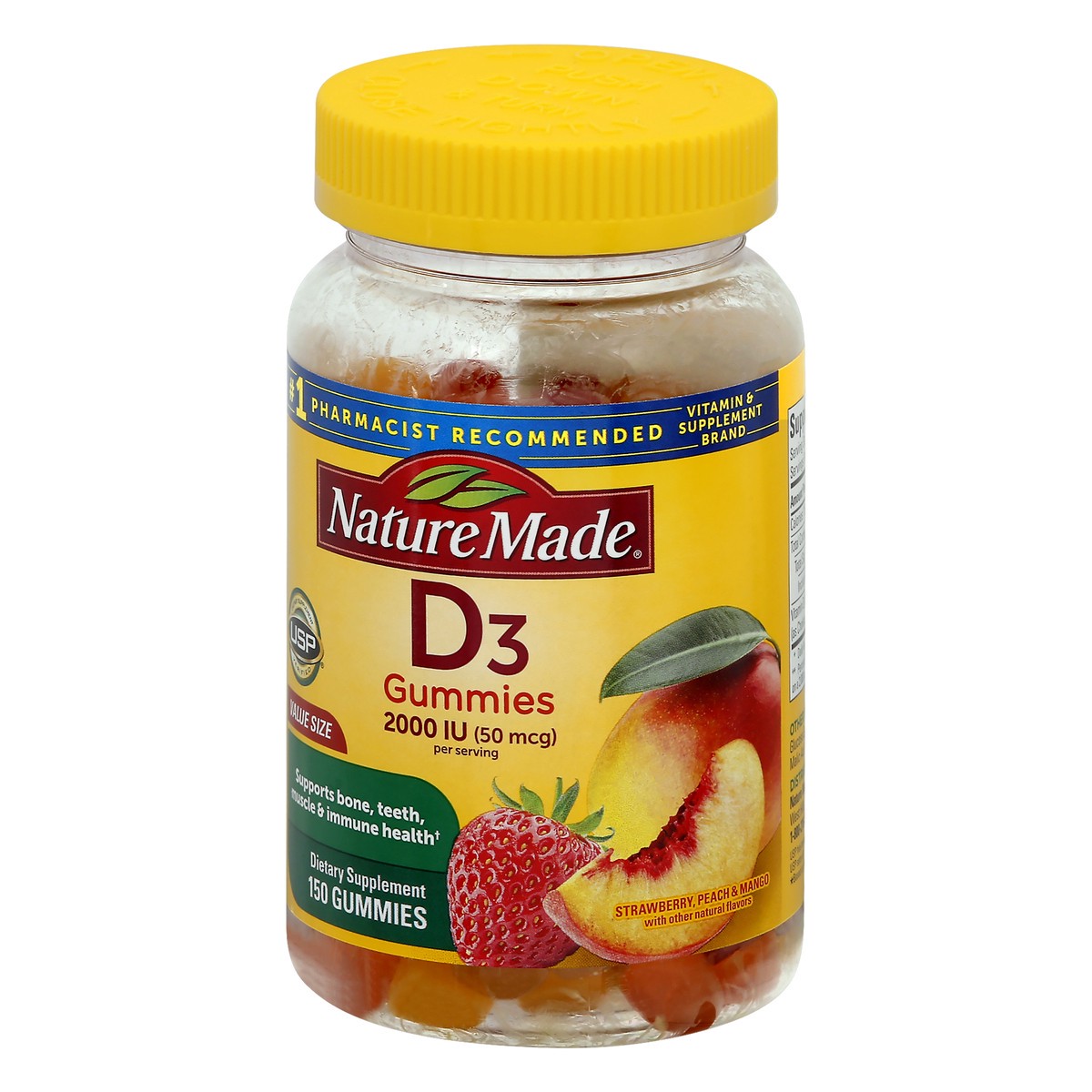 slide 4 of 9, Nature Made 50 mcg Value Size Gummies Strawberry Peach & Mango Vitamin D3 150 ea, 150 ct