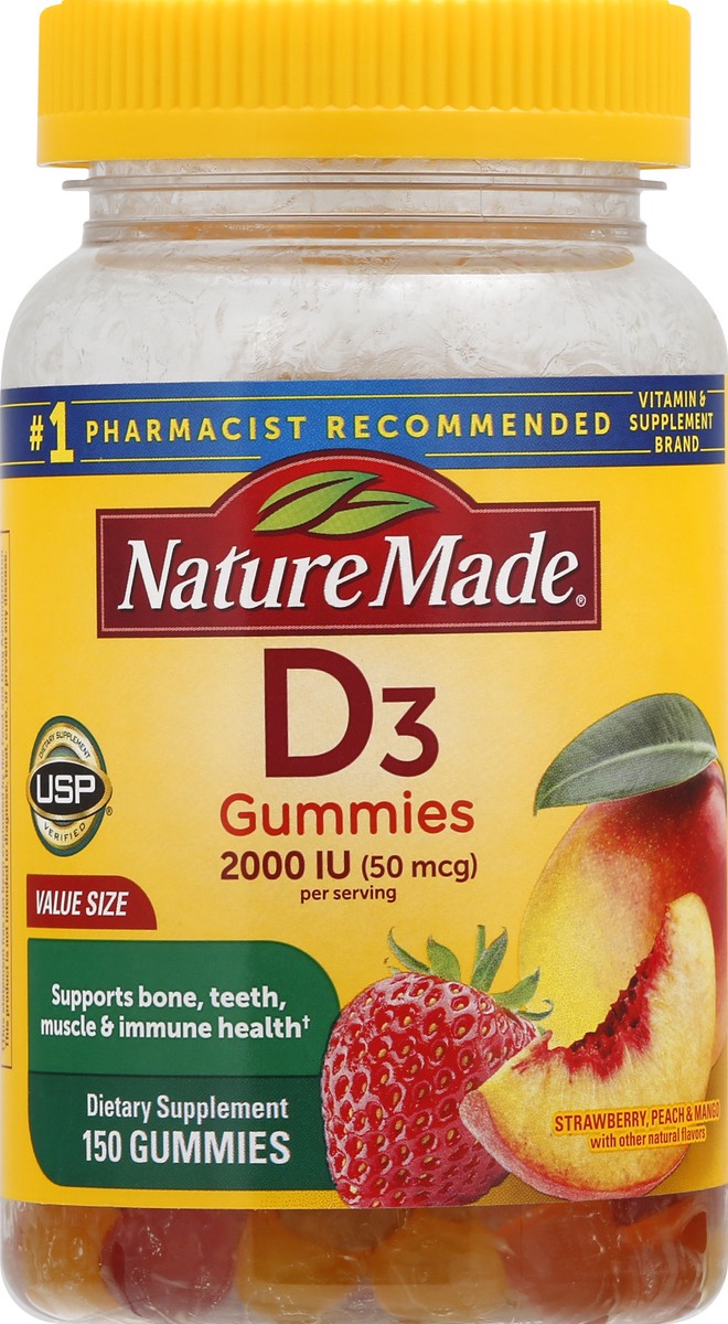 slide 5 of 9, Nature Made 50 mcg Value Size Gummies Strawberry Peach & Mango Vitamin D3 150 ea, 150 ct