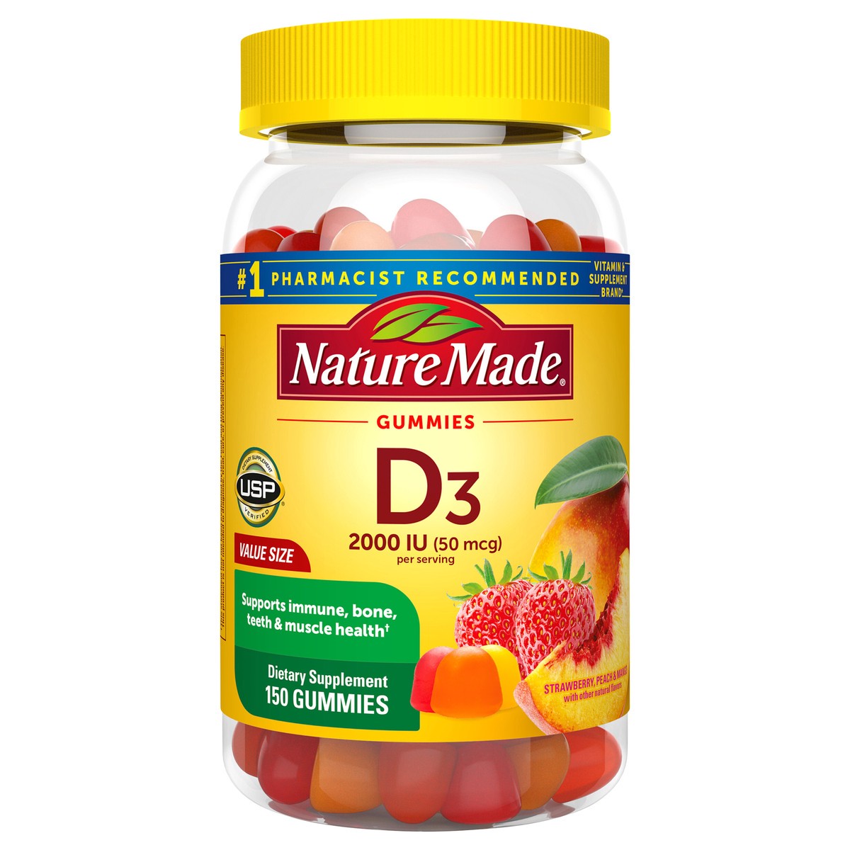 slide 1 of 9, Nature Made Vitamin D3 2000 IU Per Serving Gummies, Bone, Teeth, Muscle and Immune Health Support, 75 Day Supply, 150 Vitamin D Gummies for Adults, 150 ct