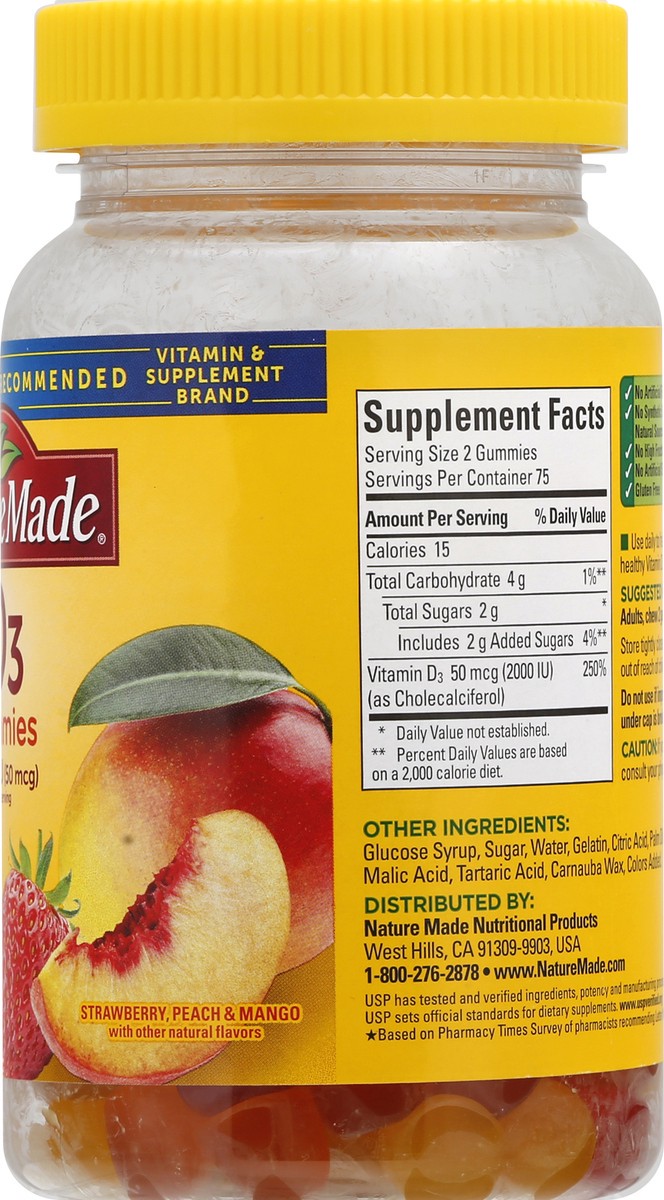 slide 7 of 9, Nature Made 50 mcg Value Size Gummies Strawberry Peach & Mango Vitamin D3 150 ea, 150 ct