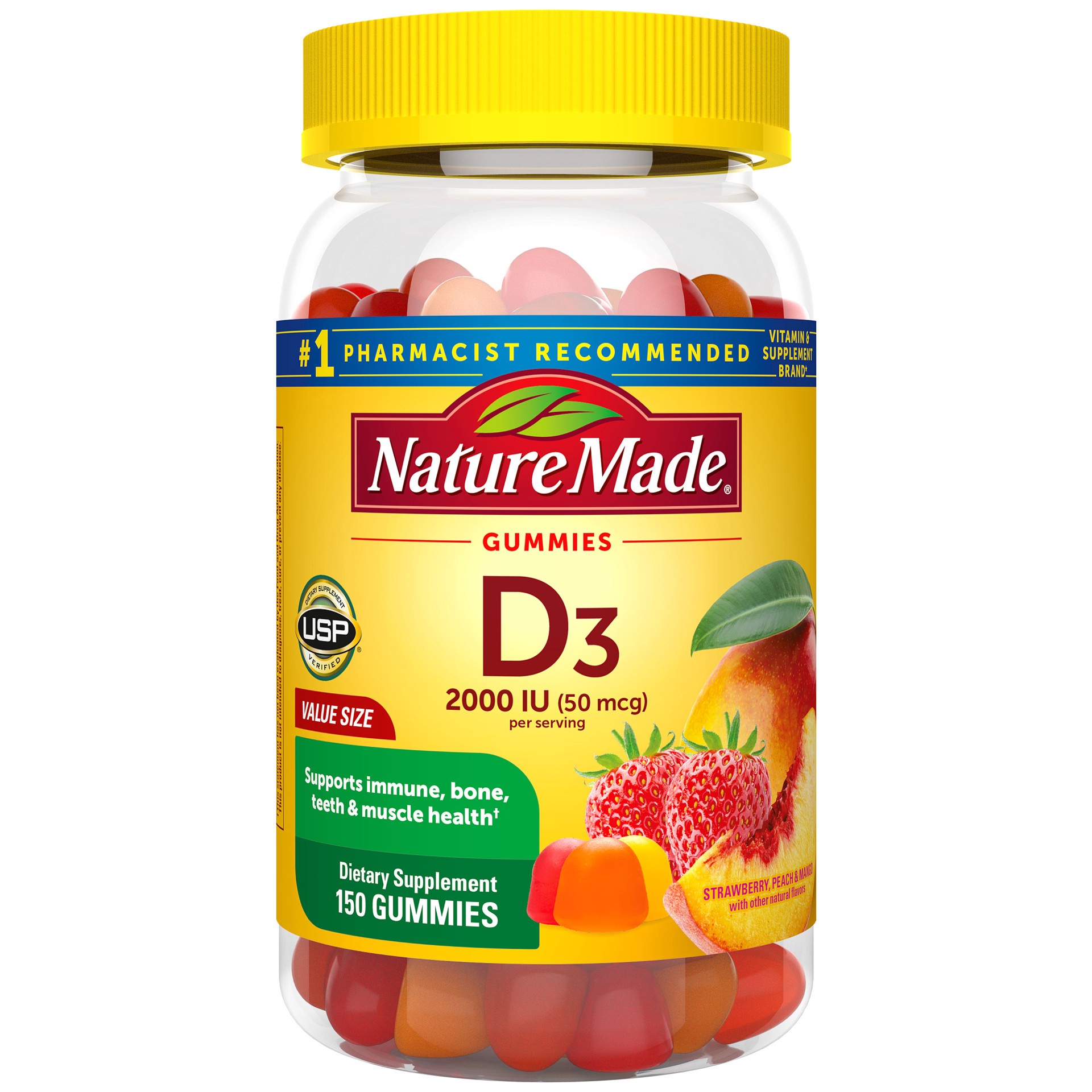 slide 1 of 9, Nature Made Vitamin D3 2000 IU (50 mcg) per serving, Dietary Supplement for Bone, Teeth, Muscle and Immune Health Support, 150 Gummies, 75 Day Supply, 150 ct