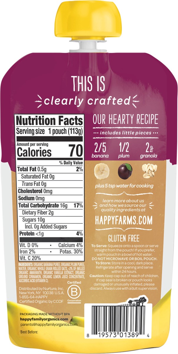 slide 2 of 3, Happy Baby Organics Clearly Crafted Stage 2 Meals Bananas, Plums & Granola Pouch 4oz UNIT, 4 oz