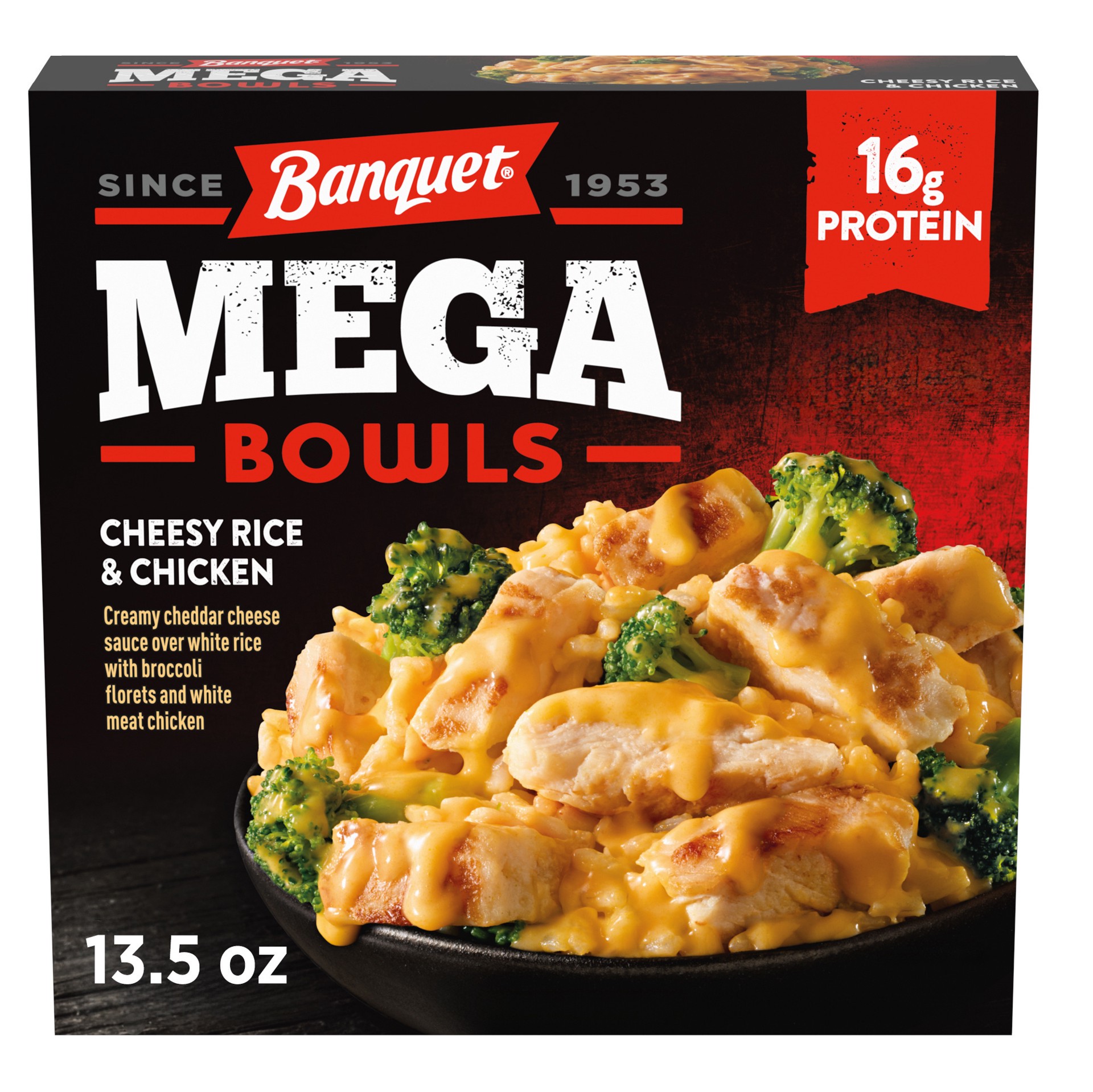 slide 1 of 15, Banquet MEGA Bowls Cheesy Rice & Chicken, Frozen Meal, 13.5 oz., 13.5 oz