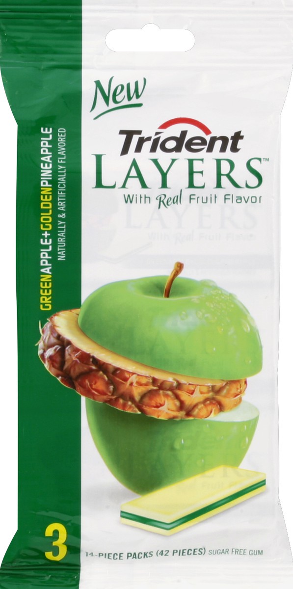 slide 5 of 6, Trident Layers Green Apple+Golden Pineapple Sugarless Gum, 3 pk; 14 pieces